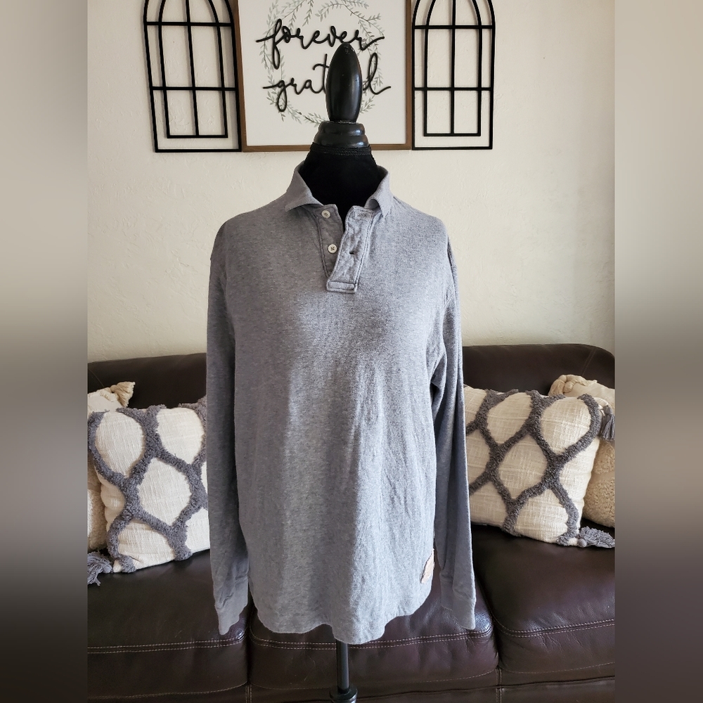Cremieux Premium Denim Super Soft Gray Long Sleeve Polo Shirt Men's Size L